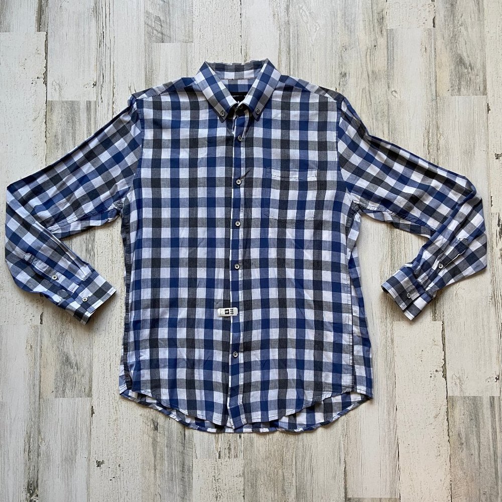 Adam Levine Mens Size Medium Button Down Shirt Plaid Grey, Blue & White